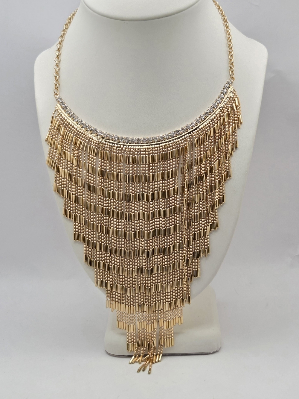 Gold-Tone Rhinestone Bar Waterfall Fringe Bib Necklace Glam Evening